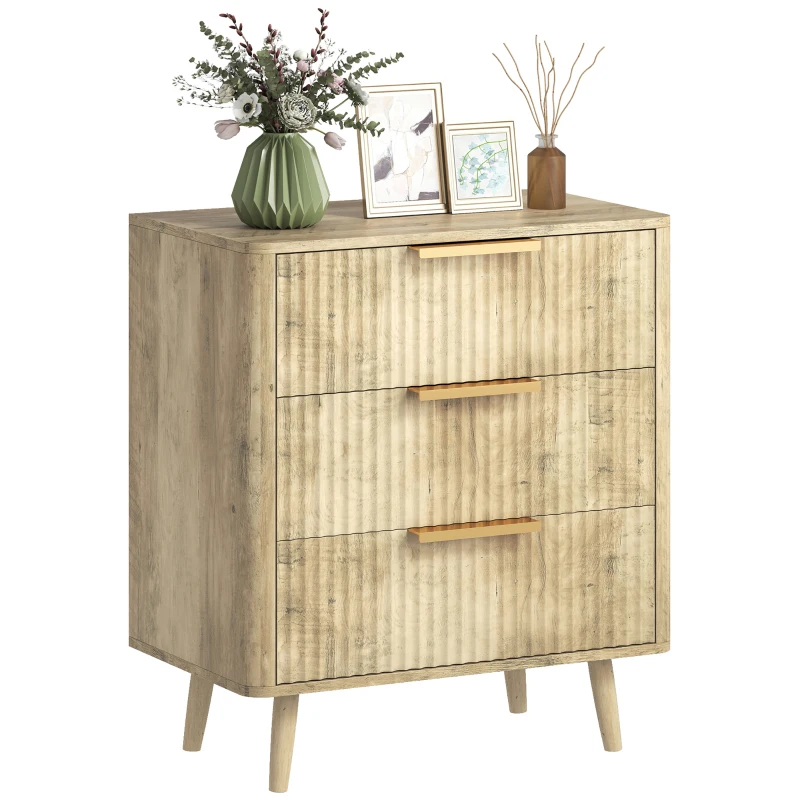 HOMCOM Fluted Chest of Drawers, Modern 3 Drawer Dresser with Pine Wood Legs, Finger Pulls for Closet, Living Room, Hallway, Oak