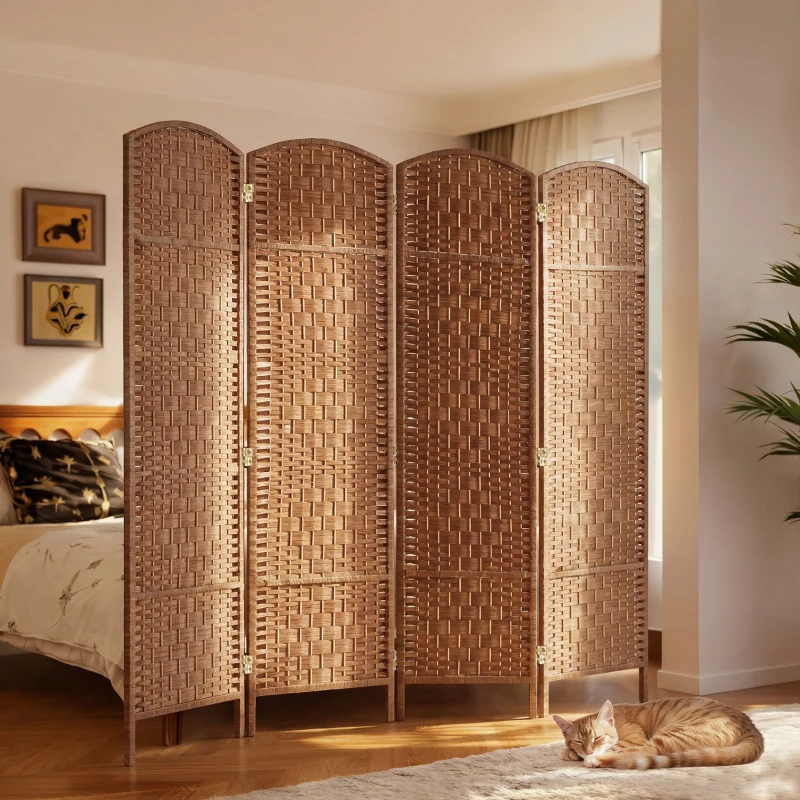HOMCOM Room Divider 4 Panel, 6FT Tall Folding Privacy Screen, Freestanding Hand-Woven Partition for Room Separation with 360° Hinges, Paper Rope Diamond Weave, Natural
