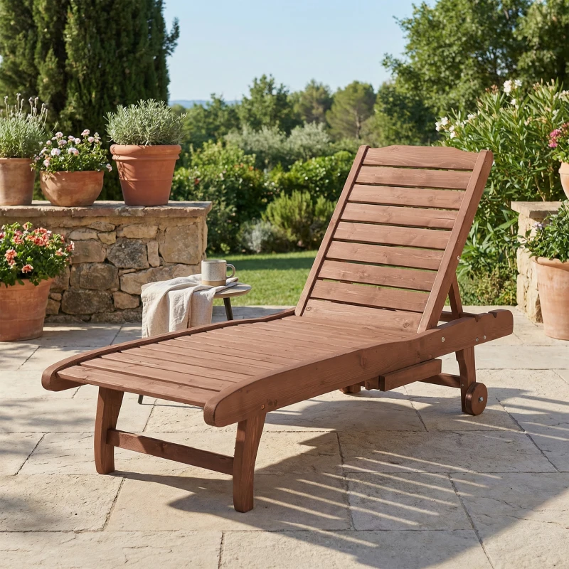 Outsunny Chaise Lounge Chair Outdoor Wooden Pool Lounge Chair with 3-level Adjustable Backrest, Built-In Table and Rolling Wheels, Sun Tanning Chair for Beach Poolside Sunbathing, Brown Red