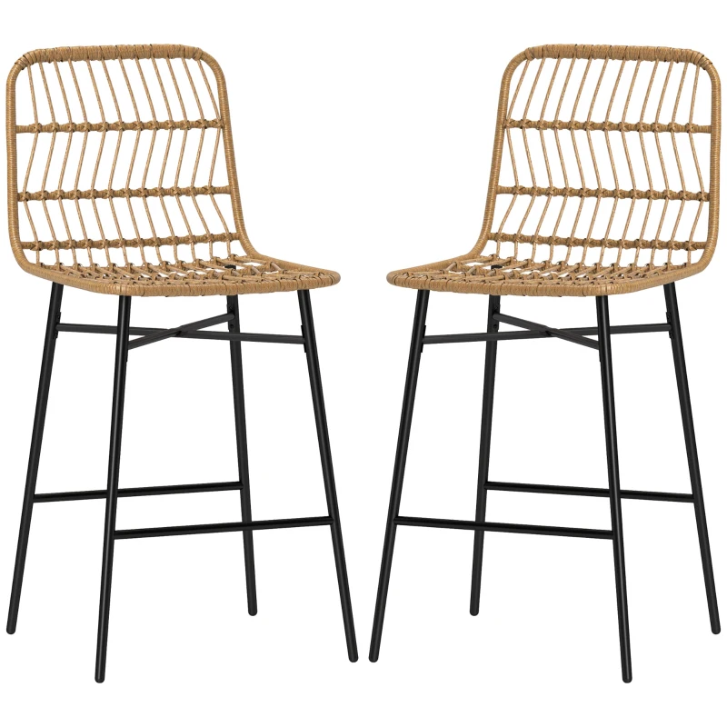 HOMCOM Rattan Counter Height Bar Stools Set of 2, 26" Counter Stools with Back, Modern Bar Chairs for Kitchen Island, Brown