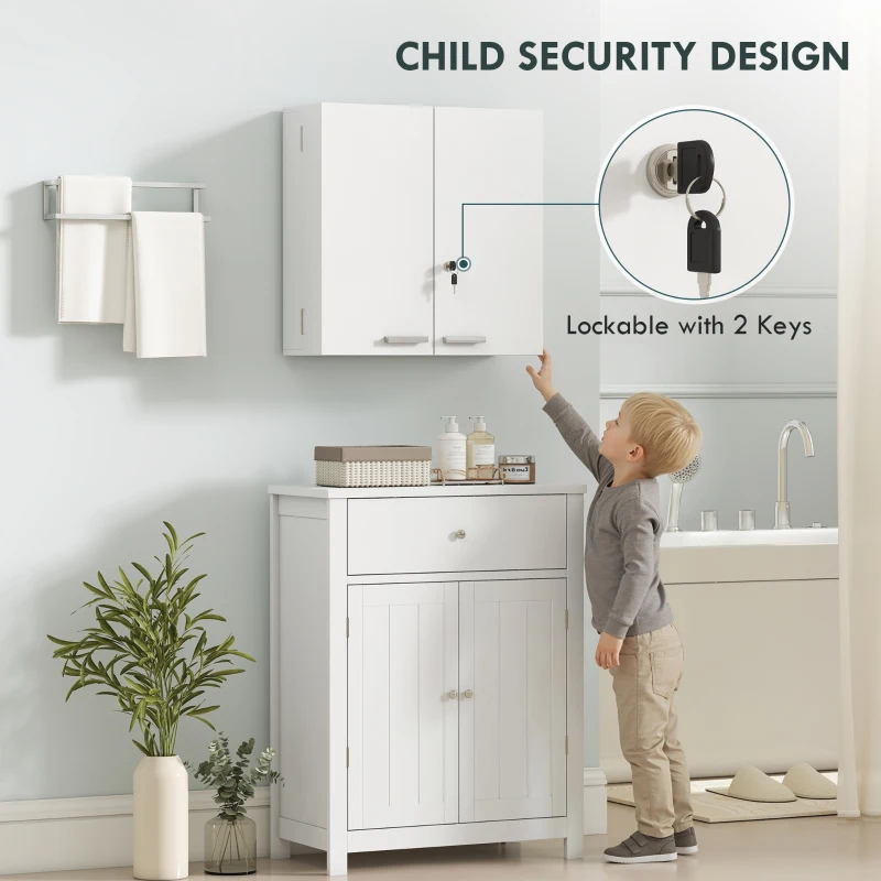 HOMCOM Wall Mount Medicine Cabinet, Bathroom Cabinet with 4 Tier Shelves, Lockable with 2 Keys for Kitchen, White