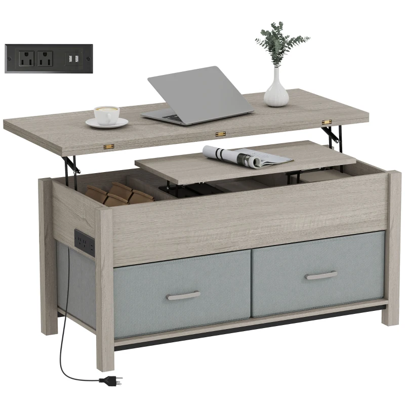 HOMCOM Lift Top Coffee Table, Center Table with 3 Hidden Compartments, 2 Fabric Drawers, Expandable Top and Charging Station
