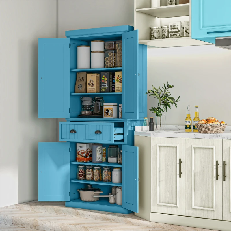HOMCOM 72" Kitchen Pantry Storage Cabinet, Cupboard w/ 4 Doors and 3 Adjustable Shelves, Large Central Drawer, Dark Blue