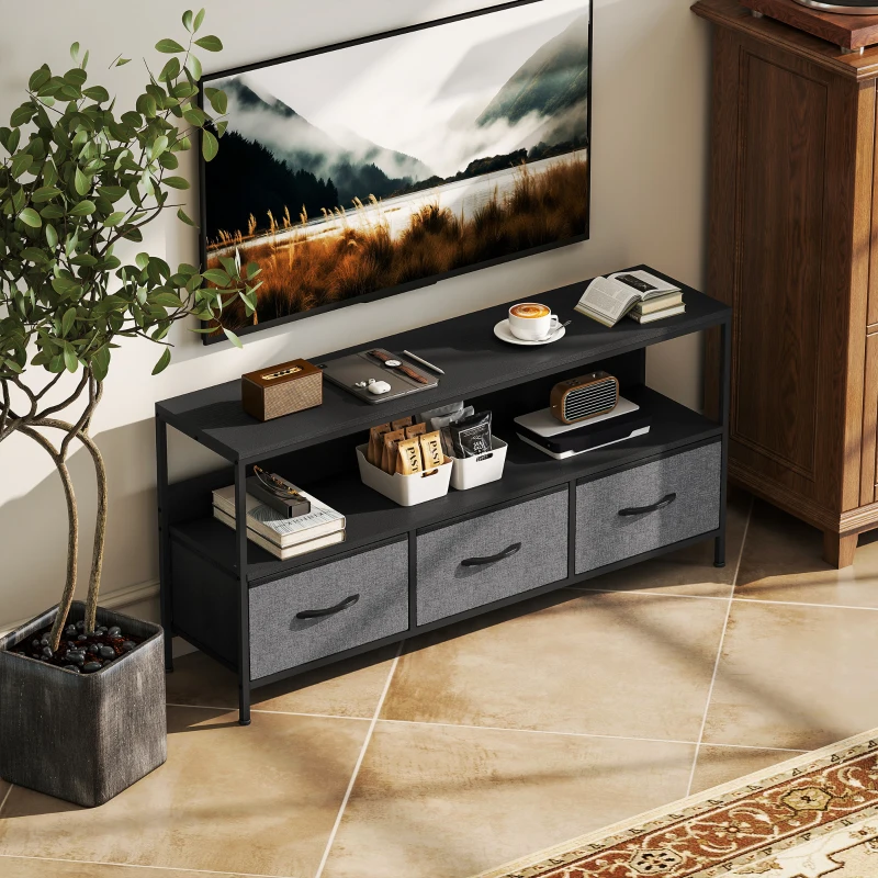HOMCOM TV Stand with Charging Station, TV Table with 3 Foldable Linen Drawers and Open Shelf for 55 Inch Television, Black(m-8)
