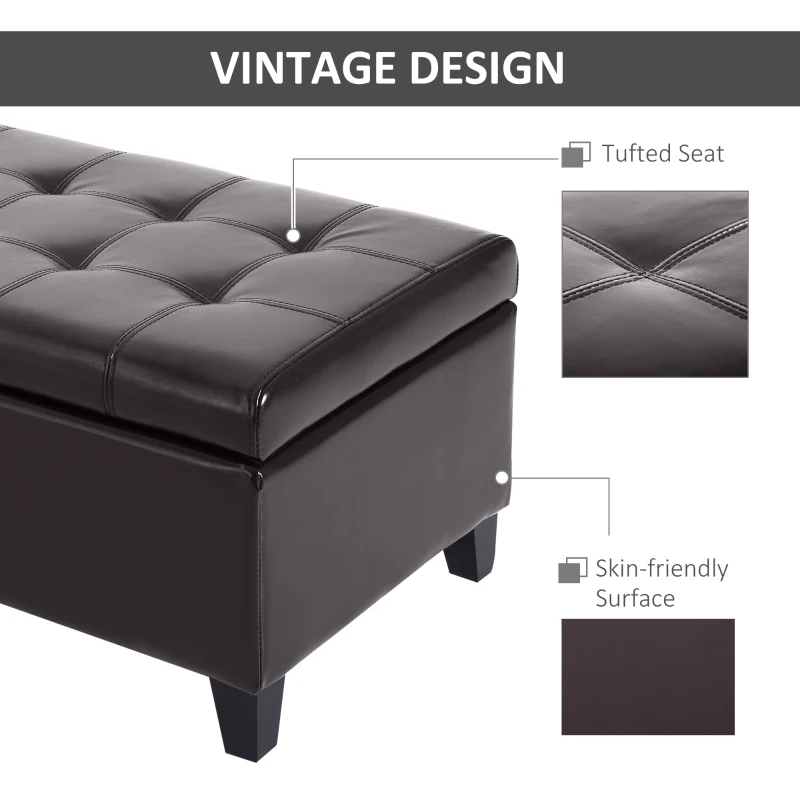 HOMCOM Storage Ottoman Bench, Foot Rest with Solid Wood Legs, 51 Inches PU Leather Storage Chest for Living Room, Brown