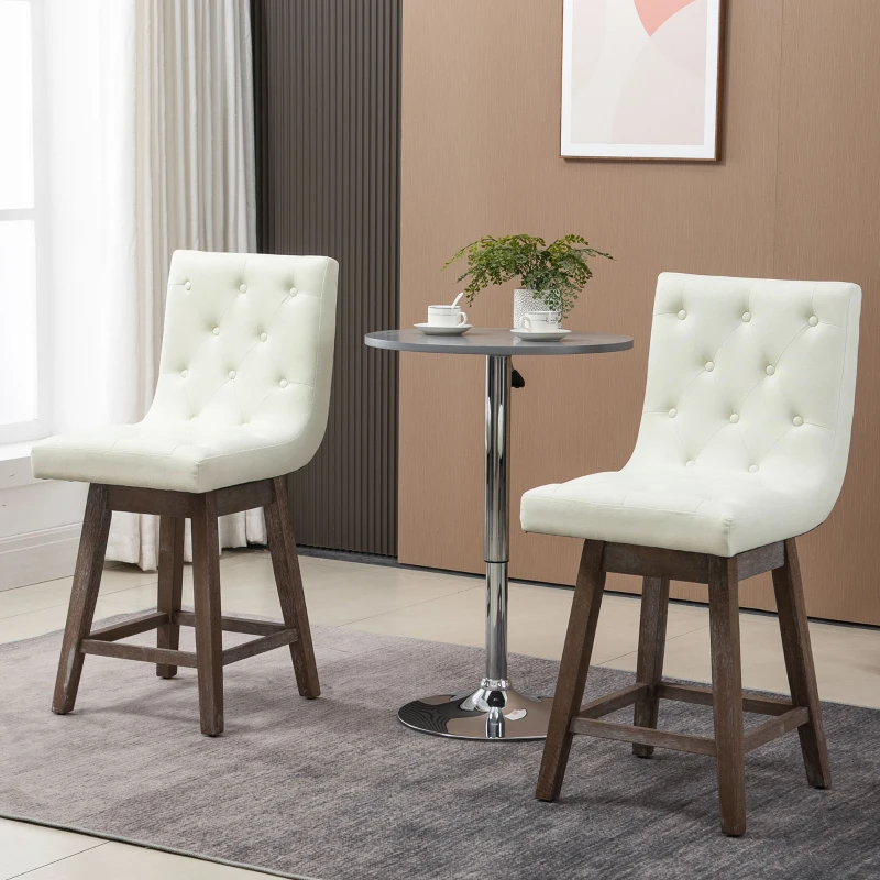 HOMCOM Counter Height Bar Stools, Swivel Bar Chairs, 25.5" High Fabric Tufted Breakfast Barstools for Kitchen, Set of 2, Cream White