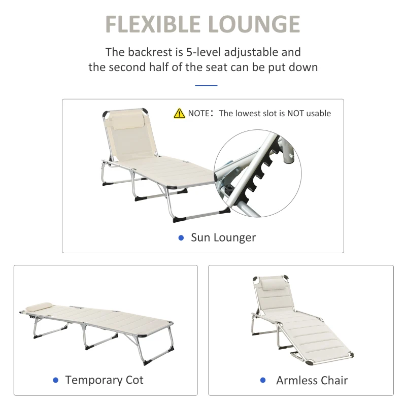 Outsunny Folding Lounge Chair Outdoor 5-Level Reclining Chaise Lounge Chair Outdoor Camping Tanning Chair with Aluminum Frame, Padding, and Headrest for Beach, Yard, Patio, Pool, White