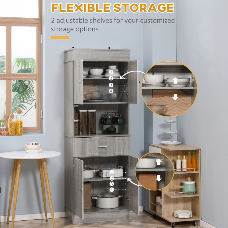 HOMCOM Freestanding Pantry Cabinet, 72" Kitchen Buffet with Utility Drawer, 2 Door Cabinets, Gray Wood Grain
