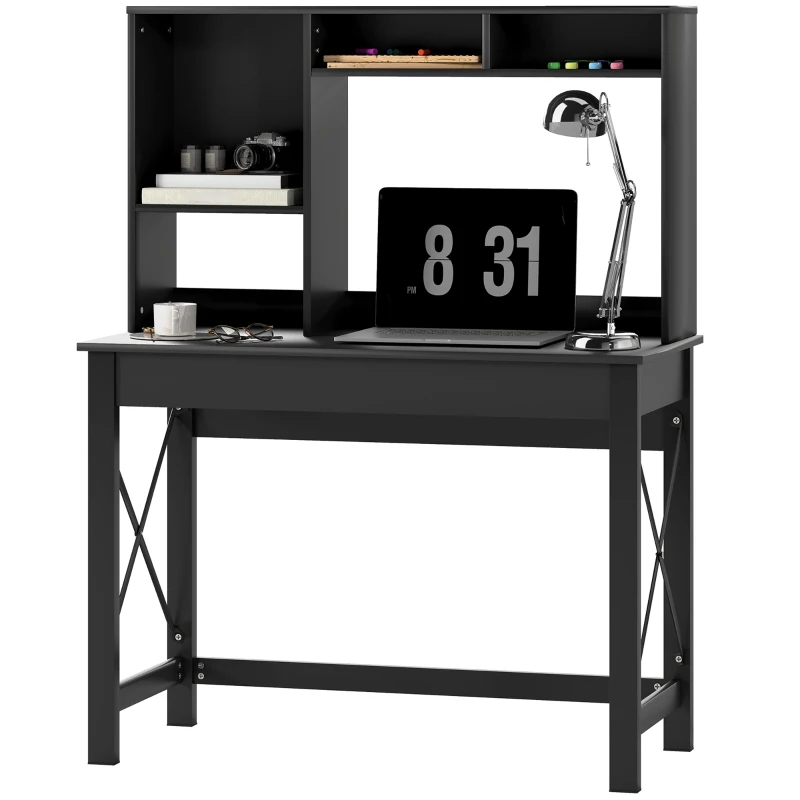 HOMCOM Computer Desk with Hutch, Home Office Table with Storage Shelves and Open Compartments for Writing, Work, Black