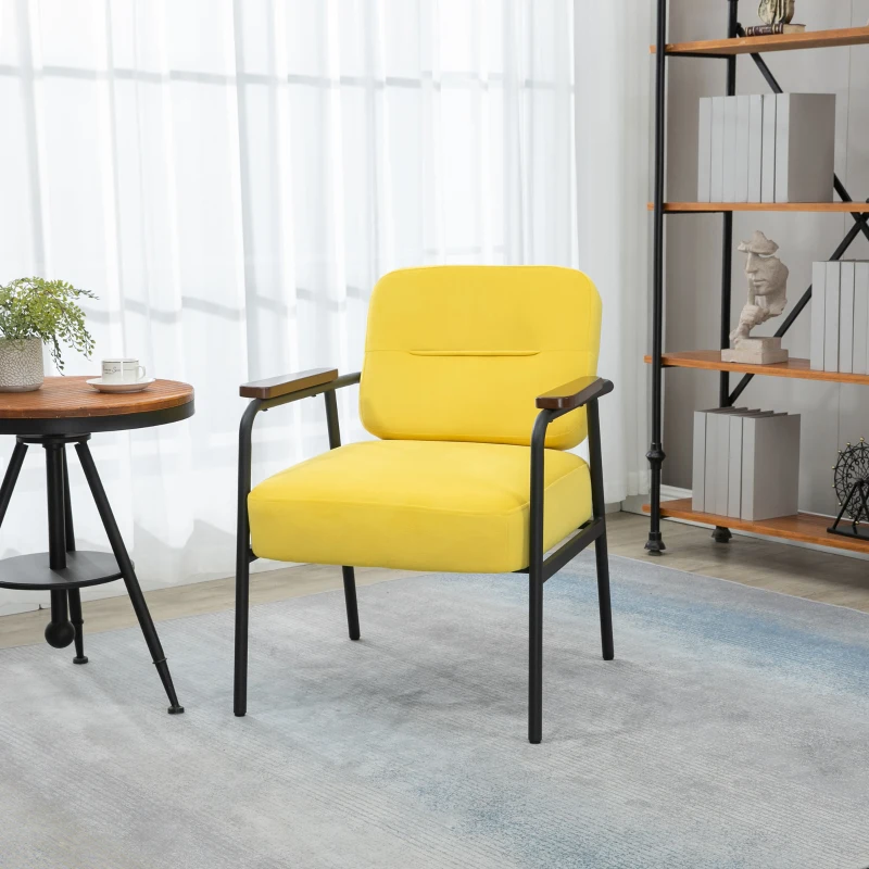 HOMCOM Modern Accent Chair with Cushioned Seat and Back, Upholstered Velvet Armchair for Bedroom, Living Room Chair with Arms and Steel Legs, Yellow