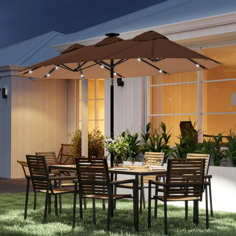 Outsunny Double-sided Patio Umbrella, 9.7 ft. Outdoor Umbrella with 45-Degree Tilt and Crank, LED Solar Light and 12 Ribs, Coffee