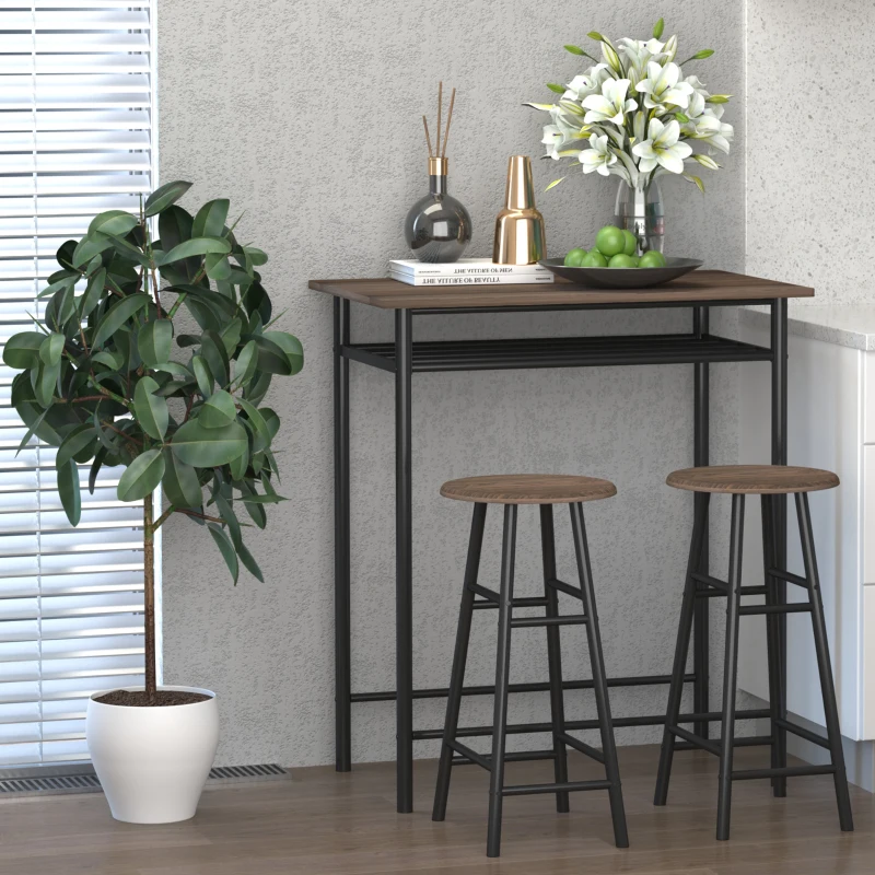 HOMCOM 3 Piece Counter Height Bar Table Set with 1 Table, 2 Matching Stools, Dining Table Set with Storage Shelf and Metal Frame Footrest, Black and Oak
