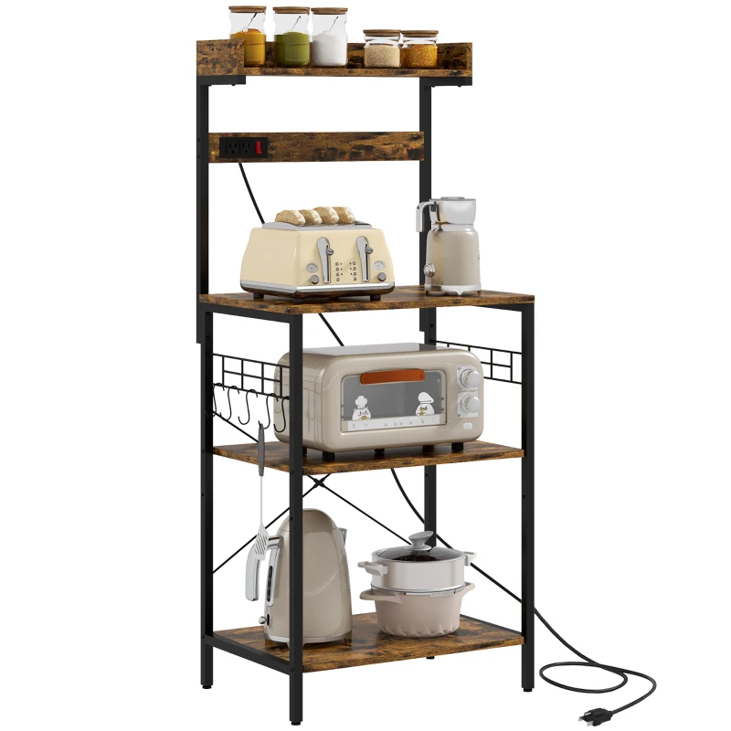 HOMCOM Kitchen Baker's Rack with Power Outlet, Coffee Bar Station with Adjustable Shelves and Hooks, Rustic Brown