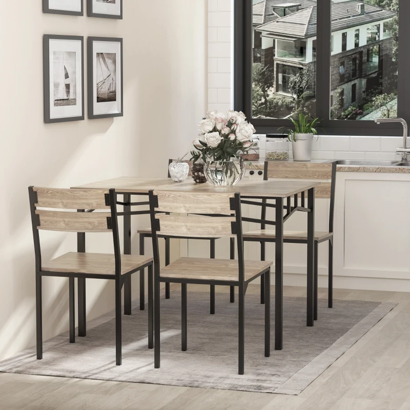 HOMCOM Rustic Industrial 5-Piece Dining Table Set Black Metal with 4 Chairs for Kitchen, or Dining Room, Oak