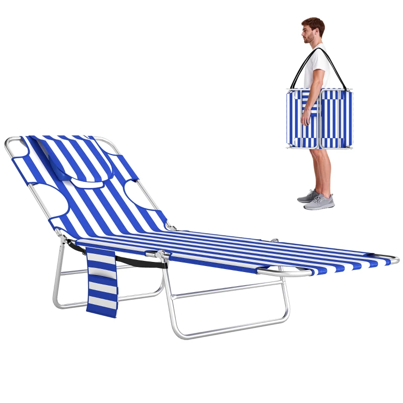 Outsunny Tanning Chair with Face Hole, 5-Level Adjustable Outdoor Chaise Lounge Chair with Pillow for Beach, Pool, Blue Stripes