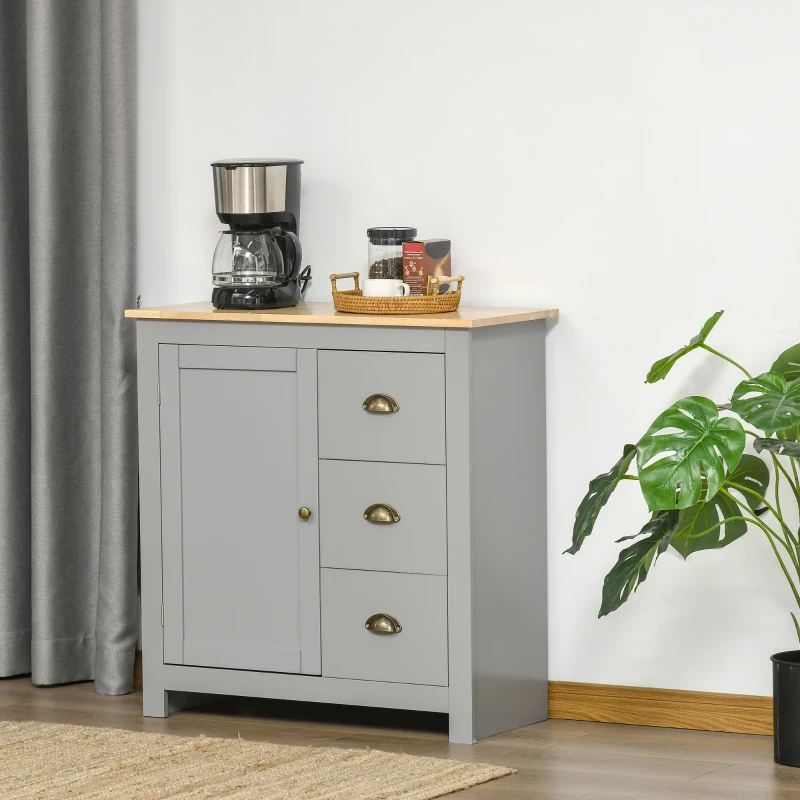 HOMCOM Modern Kitchen Cabinet, Storage Sideboard, Buffet Table with Rubberwood Top, 3 Drawers and Cabinet with Adjustable Shelf, Grey