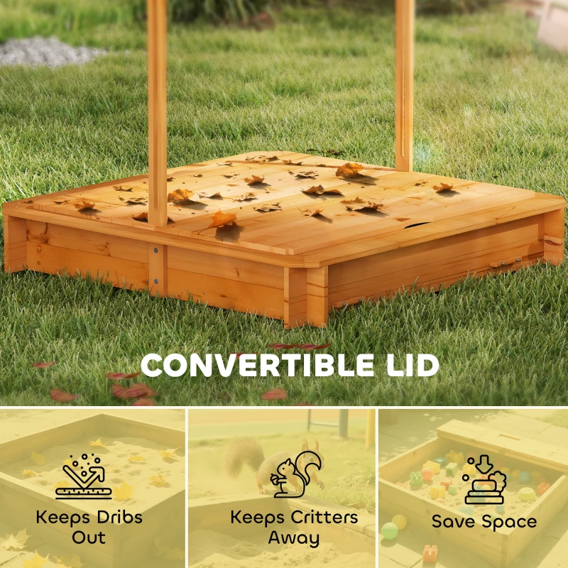 Outsunny Wooden Kids Sandbox with Cover, Sand Play Station with Foldable Bench Seats and Adjustable Canopy, Red