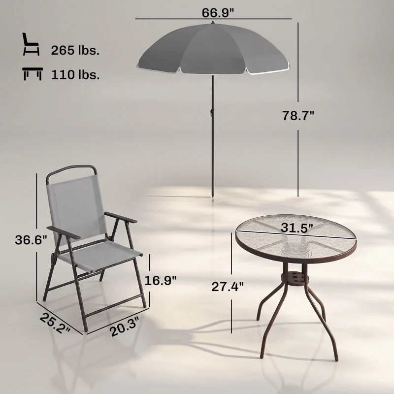 Outsunny 6 Piece Patio Dining Set for 4 with Umbrella, with 4 Folding Dining Chairs & Round Glass Table for Garden, Gray