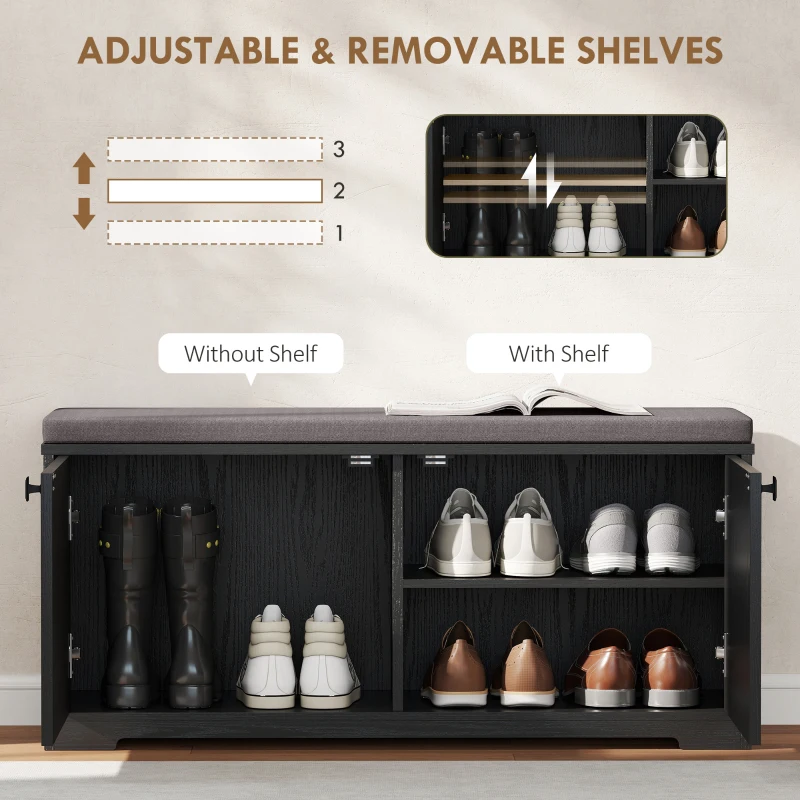 HOMCOM Shoe Storage Bench with Padded Seat, Entryway Bench Holds up to 352 lb, Shoe Organizer, 8 Pairs, Black Wood Grain