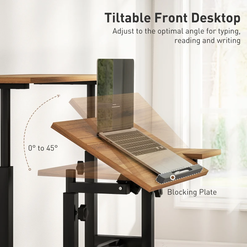 HOMCOM Mobile Stand Up Desk, Height & Angle Adjustable Computer Desk with Wheels for Standing or Sitting, Laptop Desk, Brown