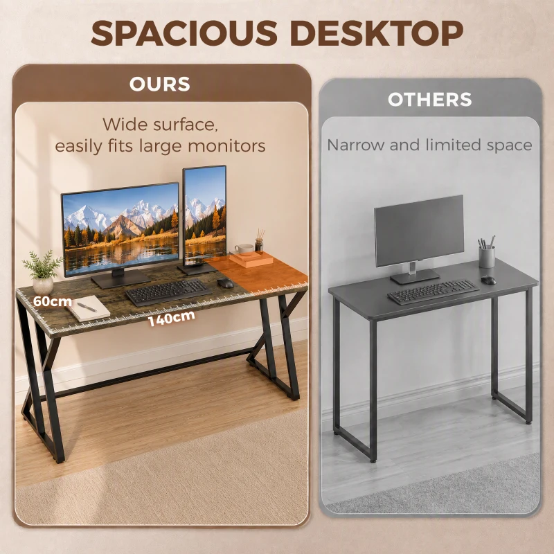HOMCOM 55 Inch Computer Desk, Industrial Writing Desk with Z-Shaped Metal Leg, Study Table for Home Office, Rustic Brown