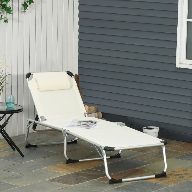 Outsunny Folding Lounge Chair Outdoor 5-Level Reclining Chaise Lounge Chair Outdoor Camping Tanning Chair with Aluminum Frame, Padding, and Headrest for Beach, Yard, Patio, Pool, White