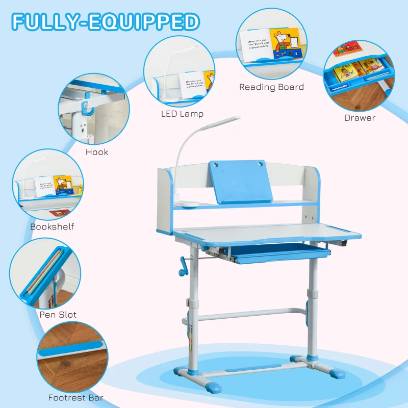 Qaba Kids Desk and Chair Set with Easy Rotation Handle, Height Adjustable Study Table and Chair Set with LED Lamp, Bookshelf, Drawer, Reading Board, Pen Slot, Hook, Blue