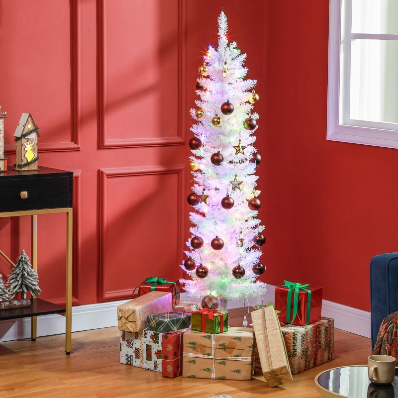 HOMCOM 5' Prelit Christmas Tree, Pencil Artificial Christmas Tree with Colorful Surface Branches, Colorful LED Lights, White