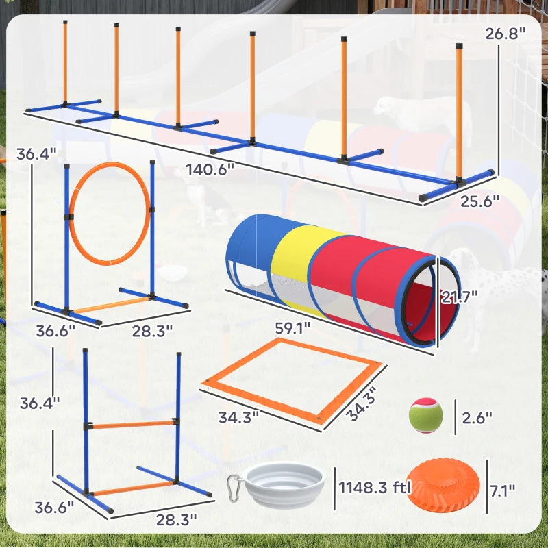 PawHut Dog Agility Training Equipment, 12-Piece Dog Obstacle Course with Adjustable Hurdle & Ring, 4 Tunnels, Weave Poles