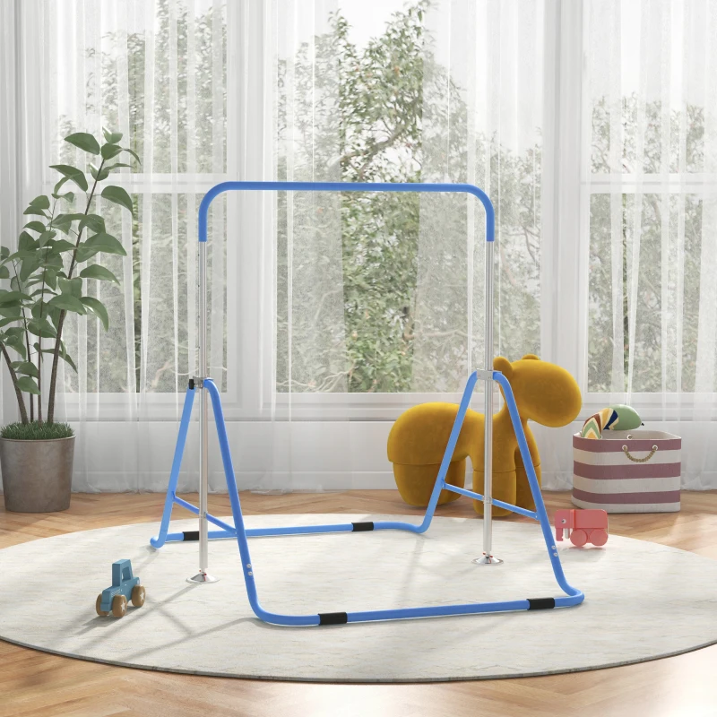 Qaba Folding Gymnastics Bar for Kids, Adjustable Height, Bubble Gum Blue