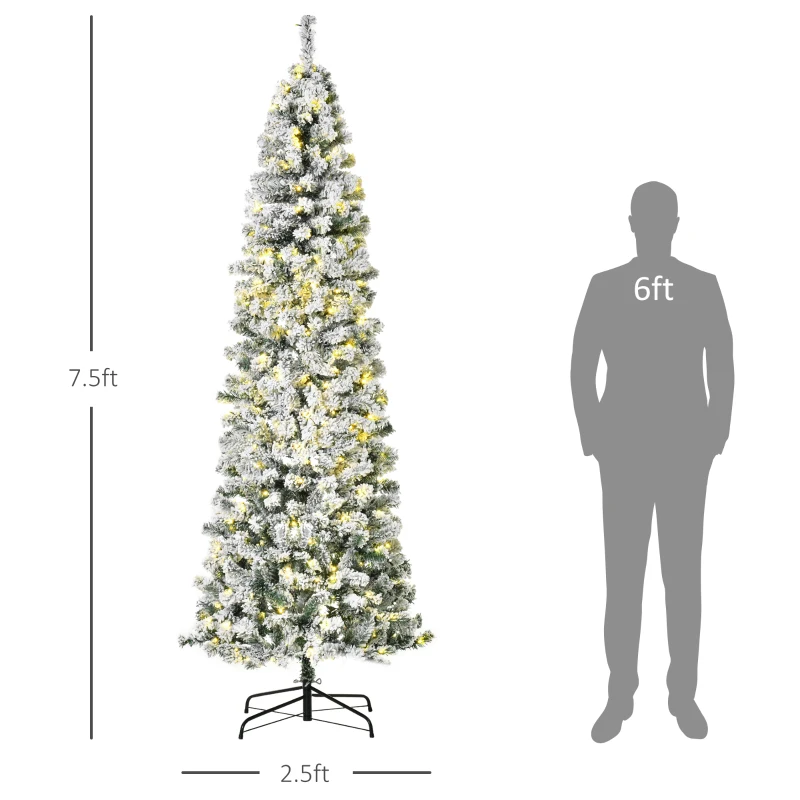 HOMCOM 7.5ft Pre-Lit Snow-Flocked Slim Douglas Fir Artificial Christmas Tree with Realistic Branches