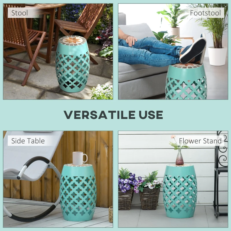 Outsunny Decorative Outdoor Stool, 12" Round Patio Side Table, Mosaic Accent Plant Stand for Garden, Balcony, Blue