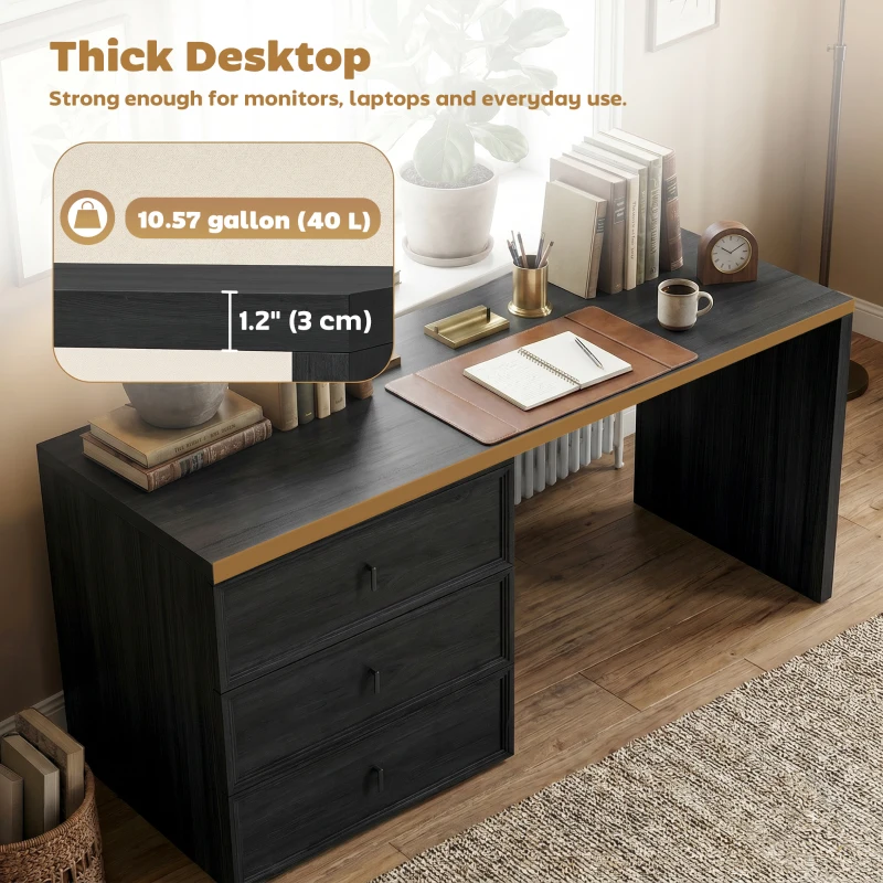 HOMCOM L Shaped Computer Desk Home Office Desk with 3 Drawers Black Wood Grain
