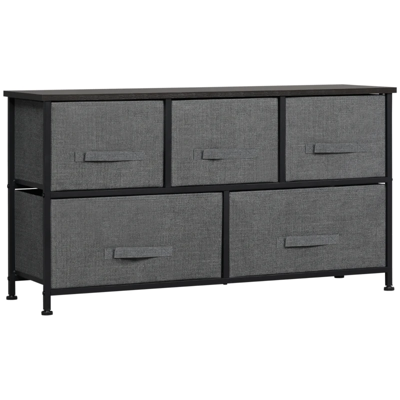 HOMCOM Linen Drawer Cabinet Organizer Storage Dresser Tower with 5 Removable Drawer Metal Frame Adjustable Feet for Living Room, Kitchen, Bathroom, Dark Grey