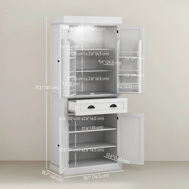 HOMCOM 71" Kitchen Pantry Cabinet with LED Lights, 6 Spice Racks, a Drawer and 4 Adjustable Shelves, White