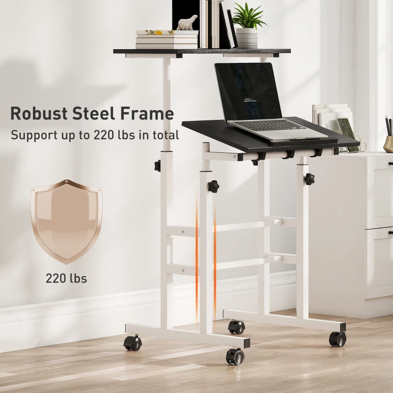 HOMCOM Stand Up Desk, Height & Angle Adjustable Computer Desk with Wheels for Standing or Sitting, Laptop Table, Black
