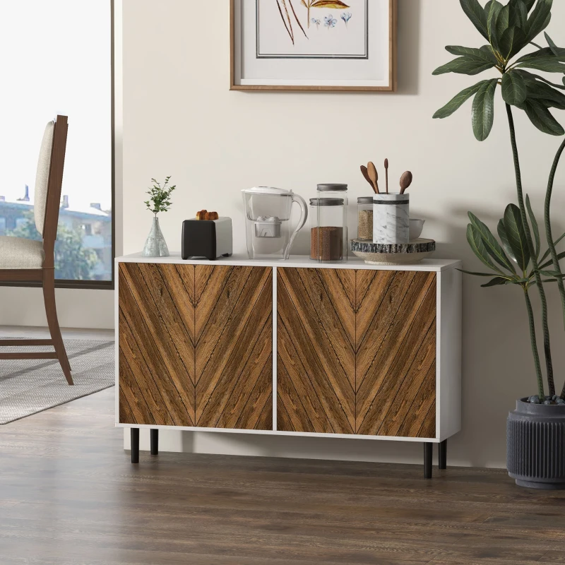 HOMCOM Sideboard Cabinet Kitchen Buffet Cabinet with Adjustable Shelves, 4 Chevron Doors and Pine Wood Legs, Brown