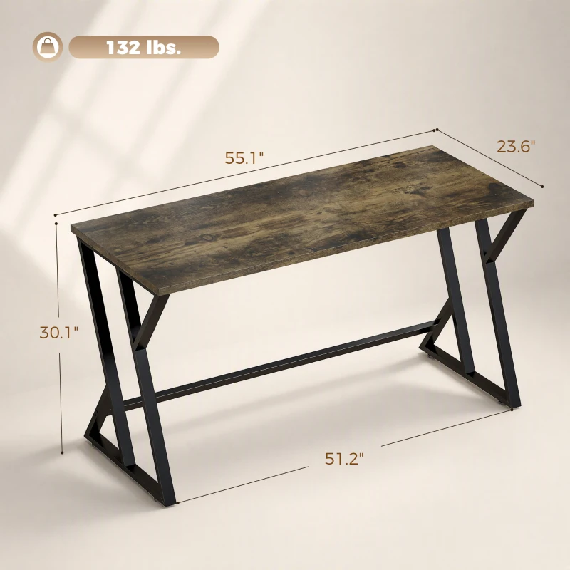 HOMCOM 55 Inch Computer Desk, Industrial Writing Desk with Z-Shaped Metal Leg, Study Table for Home Office, Rustic Brown