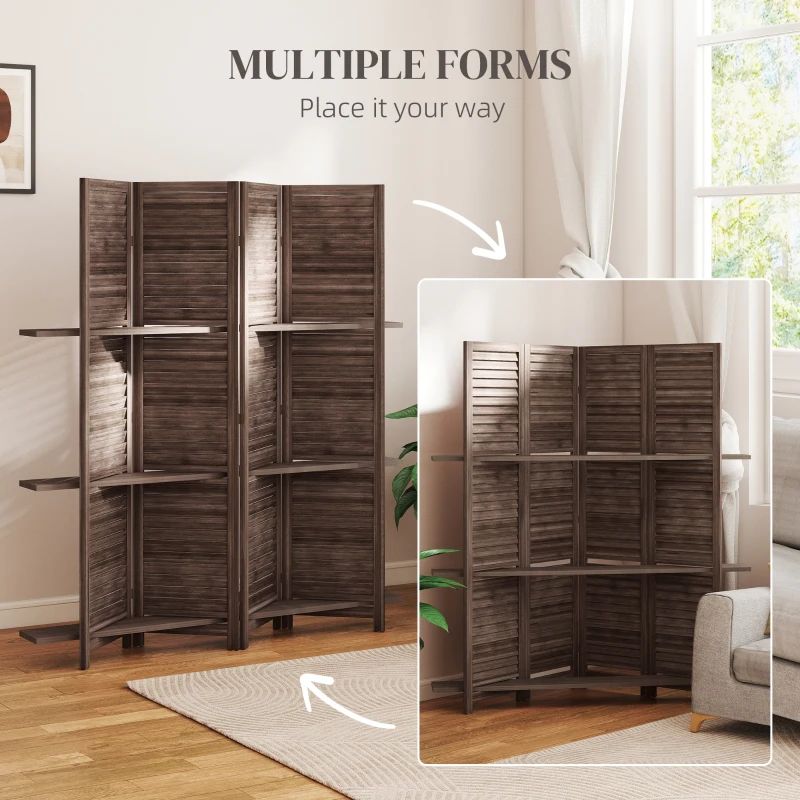 HOMCOM 4 Panel 67" Tall Wood Privacy Screen Room Divider with 3 Shelves and Folding Storage for Bedroom, Walnut