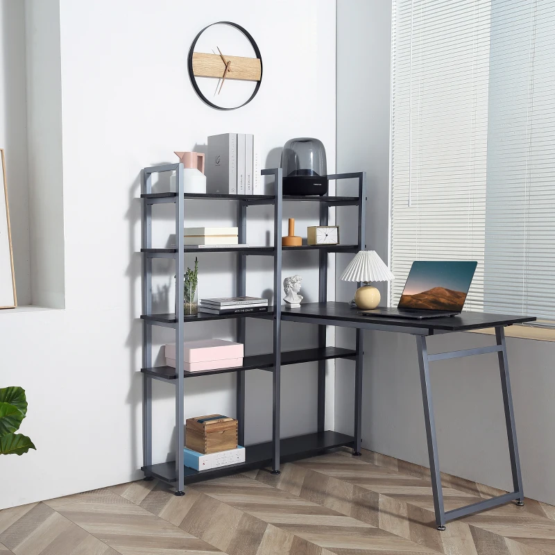 HOMCOM 5 Tier Versatile L-Shaped Computer Desk, Writing Table with Display Shelves and Metal Frame, Space-Saving for Study, Home Office, Black
