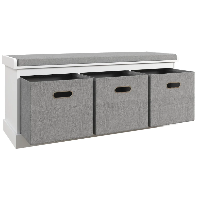 HOMCOM Shoe Storage Bench with Seat, Entryway Bench Seat with Cushion, 3 Fabric Drawers for Hallway, White
