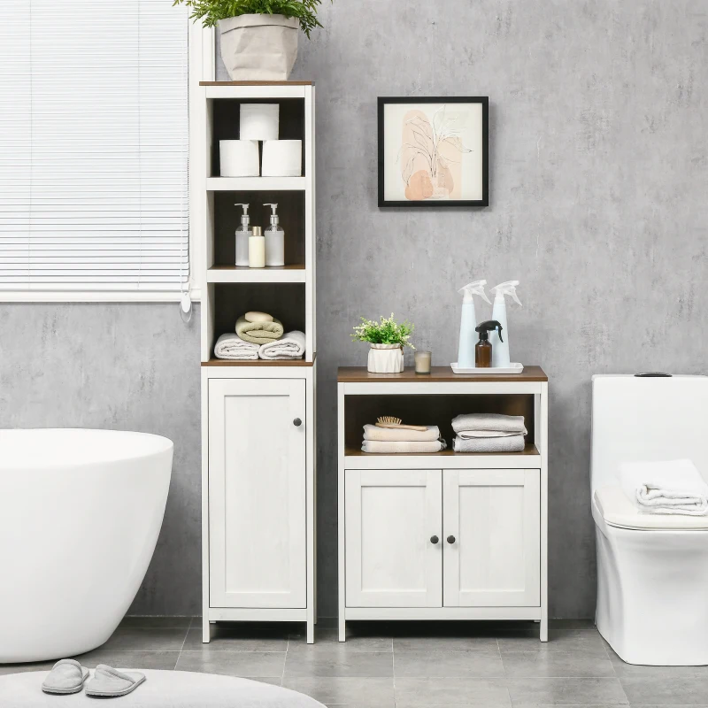 kleankin 2-Piece Bathroom Furniture Set, Slim Bathroom Storage Cabinets with Doors and Shelves, Tall Bathroom Linen Tower and Small Bathroom Floor Cabinet, White