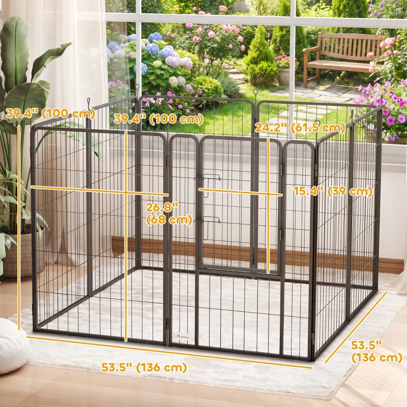 PawHut Large Dog Playpen Indoor Outdoor Foldable Pet Pen with Lockable Door and Ground Stakes for Large Dogs, Black