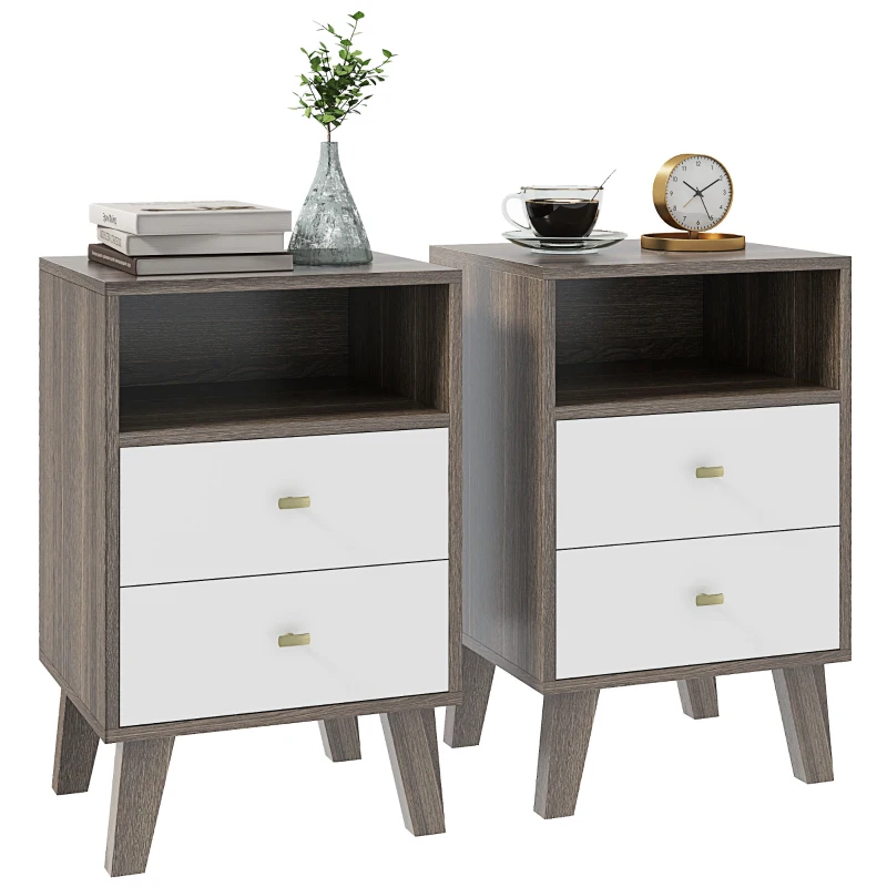 HOMCOM Nightstand Set of 2, Modern Bedside Table, Night Stand for Living Room with 2 Drawers and Open Storage, Grey