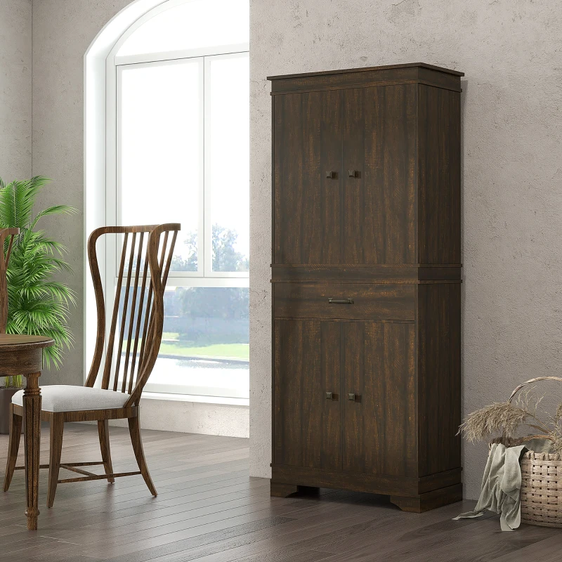 HOMCOM 72" 4-Door Kitchen Pantry with Drawer and 3 Shelves, Walnut