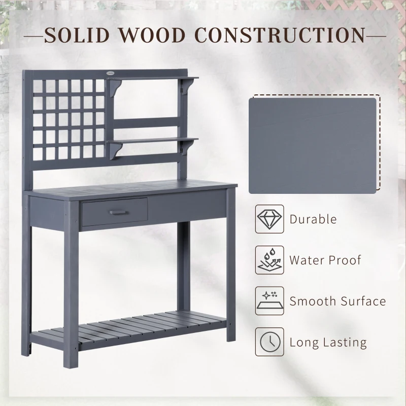 Outsunny Potting Bench Table, Garden Work Bench, Outdoor Wooden Workstation with Tiers of Shelves and Drawer, Grey