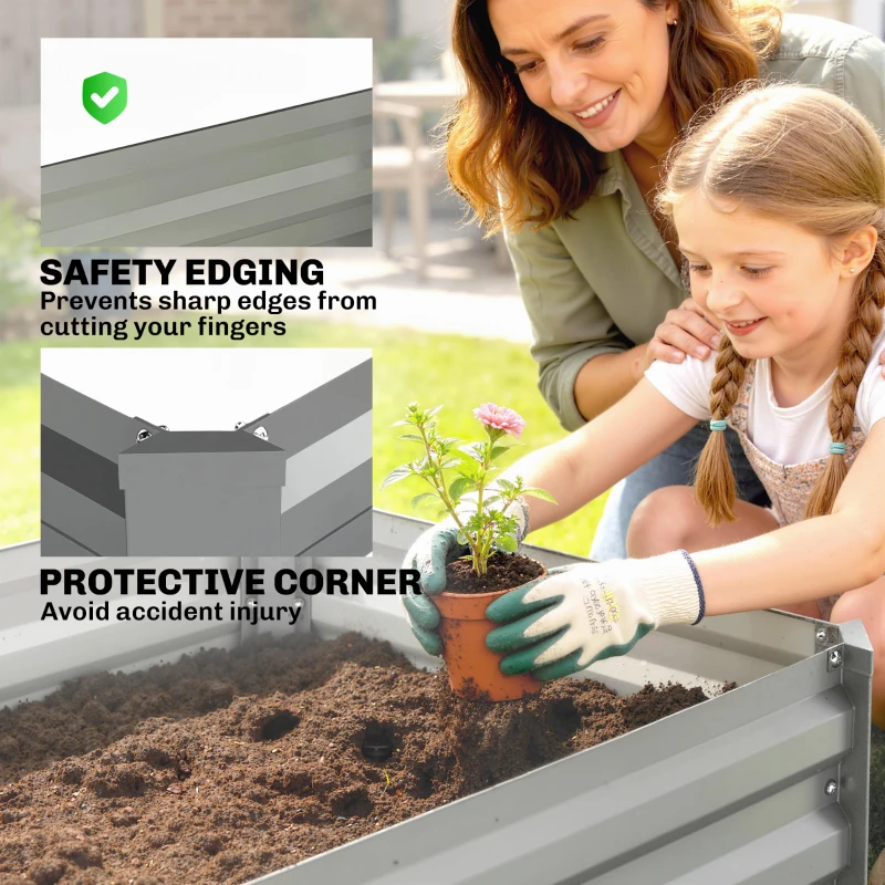 Outsunny Set of 2 Galvanized Raised Beds for Garden, Outdoor Planter Box for Flowers, Herbs and Vegetables, Light Grey