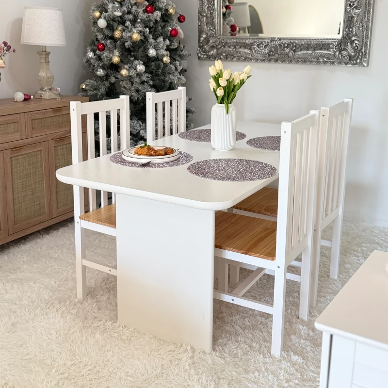 HOMCOM Farmhouse Dining Table Chairs, Set of 4 Pine Wood Kitchen Table Chairs with Slat Back for Living Room, Bedroom, White