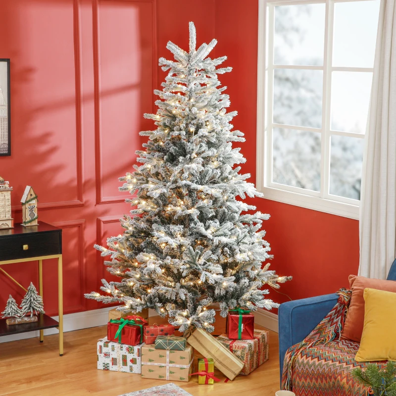 HOMCOM 7ft Artificial Prelit Christmas Tree with Warm White LED Light and Snow Flocked Branches, Metal Base