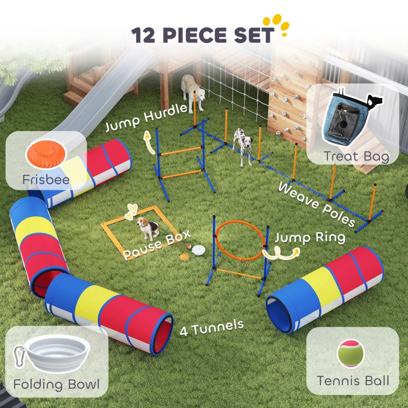 PawHut Dog Agility Training Equipment, 12-Piece Dog Obstacle Course with Adjustable Hurdle & Ring, 4 Tunnels, Weave Poles